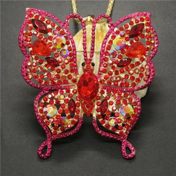 Betsey Johnson Pink Butterfly Rhinestone Large Gold Necklace