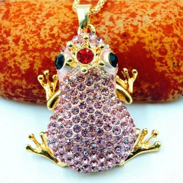 Betsey Johnson Pink Frog Crystal Red Jewel Crown Pendant Necklace