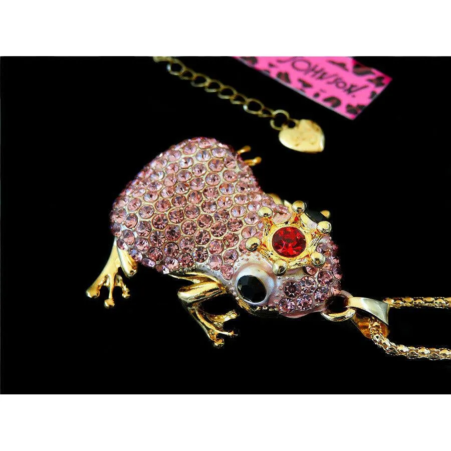 Betsey Johnson Pink Frog Crystal Red Jewel Crown Pendant Necklace