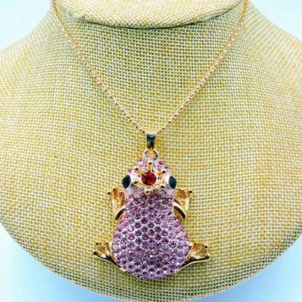 Betsey Johnson Pink Frog Crystal Red Jewel Crown Pendant Necklace