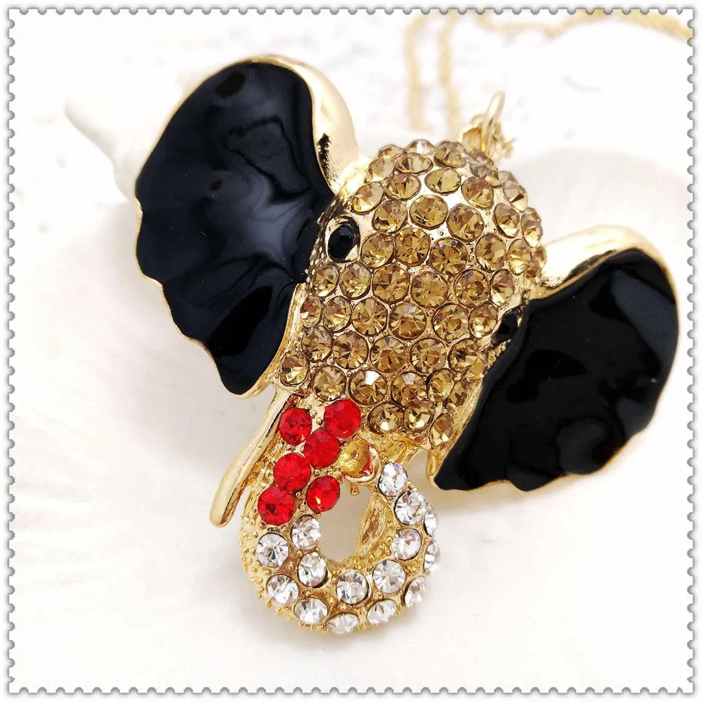 Betsey Johnson Red & Black Elephant Inlay Rhinestone Gold Necklace