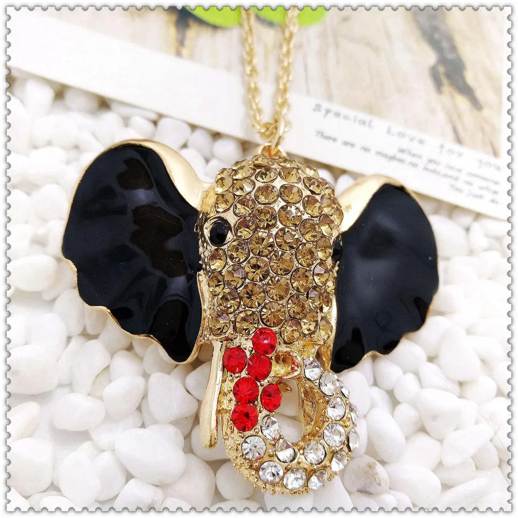 Betsey Johnson Red & Black Elephant Inlay Rhinestone Gold Necklace