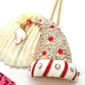 Betsey Johnson Red & White Crystal Inlay Magic Santa Hat Enamel Gold Necklace