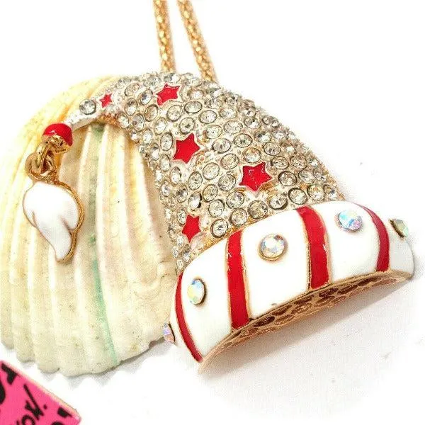 Betsey Johnson Red & White Crystal Inlay Magic Santa Hat Enamel Gold Necklace