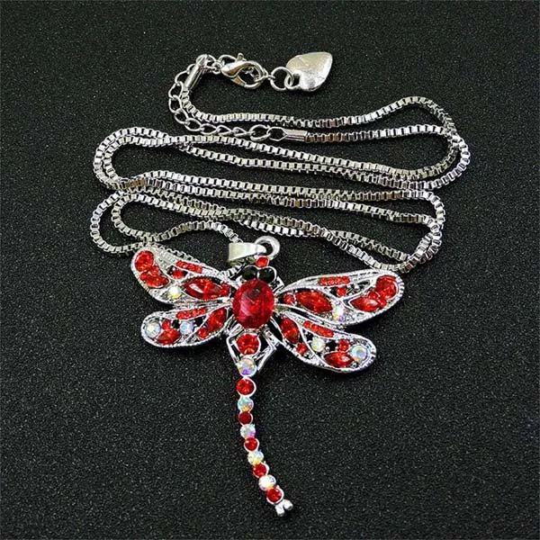 Betsey Johnson Red Dragonfly Clear Crystal Silver Necklace