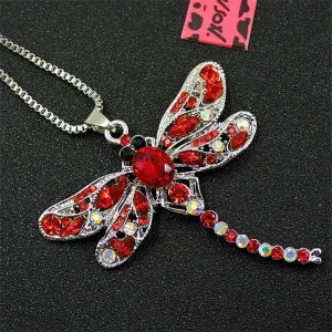 Betsey Johnson Red Dragonfly Clear Crystal Silver Necklace