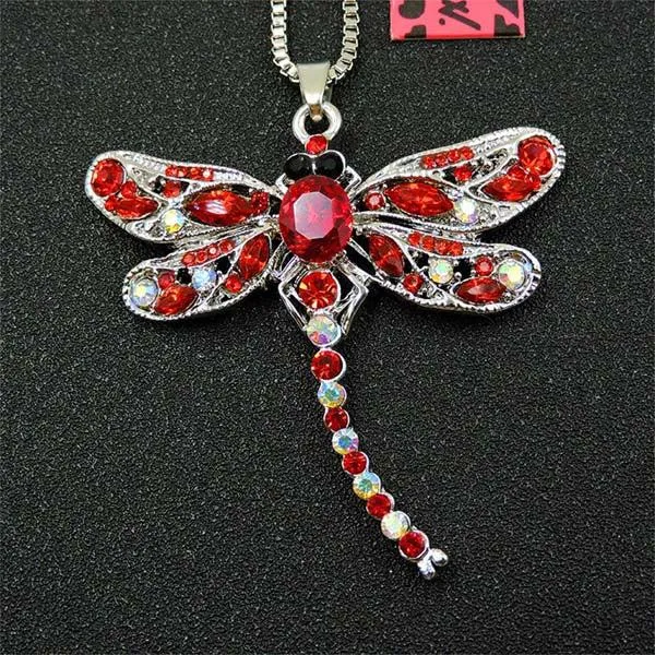 Betsey Johnson Red Dragonfly Clear Crystal Silver Necklace