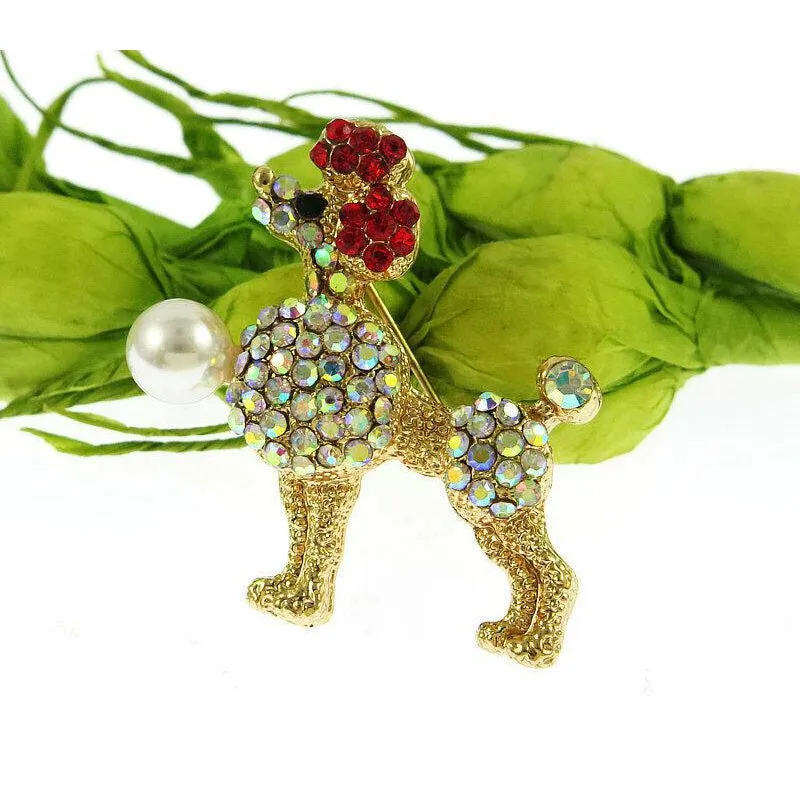 Betsey Johnson Small Poodle Crystal Faux Pearl Brooch