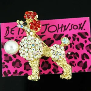 Betsey Johnson Small Poodle Crystal Faux Pearl Brooch