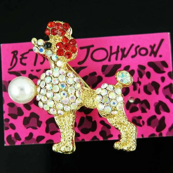 Betsey Johnson Small Poodle Crystal Faux Pearl Brooch