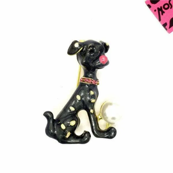 Betsey Johnson Spotted Dog Black Enamel Pearl Ball Brooch Pin