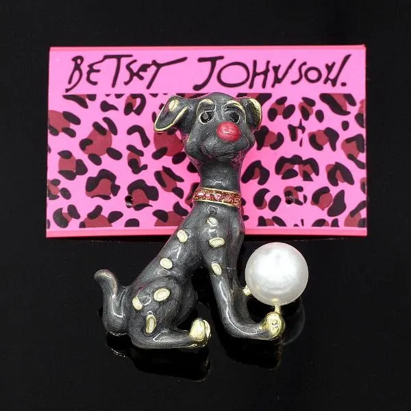 Betsey Johnson Spotted Dog Black Enamel Pearl Ball Brooch Pin