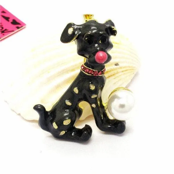 Betsey Johnson Spotted Dog Black Enamel Pearl Ball Brooch Pin