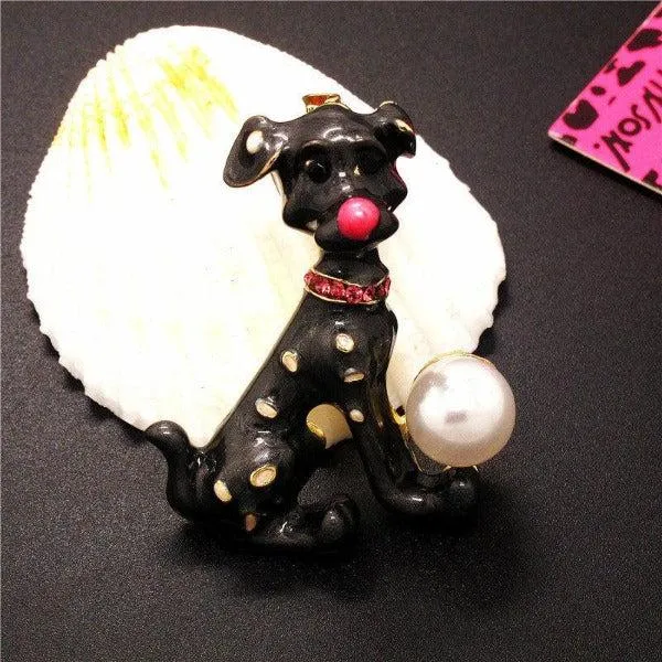 Betsey Johnson Spotted Dog Black Enamel Pearl Ball Brooch Pin