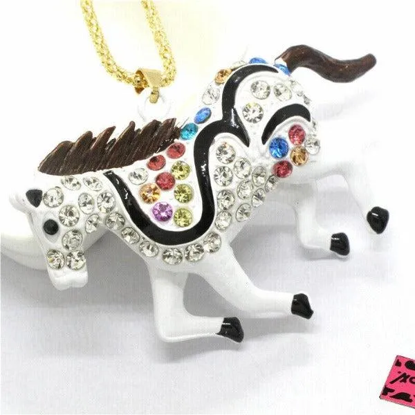 Betsey Johnson Stallion Horse White Enamel Gold Tone Necklace