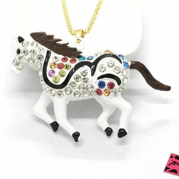 Betsey Johnson Stallion Horse White Enamel Gold Tone Necklace