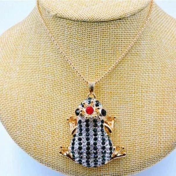 Betsey Johnson Striped Frog Green & Clear Crystal Crowned  Pendant Necklace