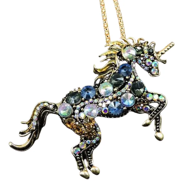 Betsey Johnson Unicorn Horse Stallion Blue Rhinestone Gold Necklace