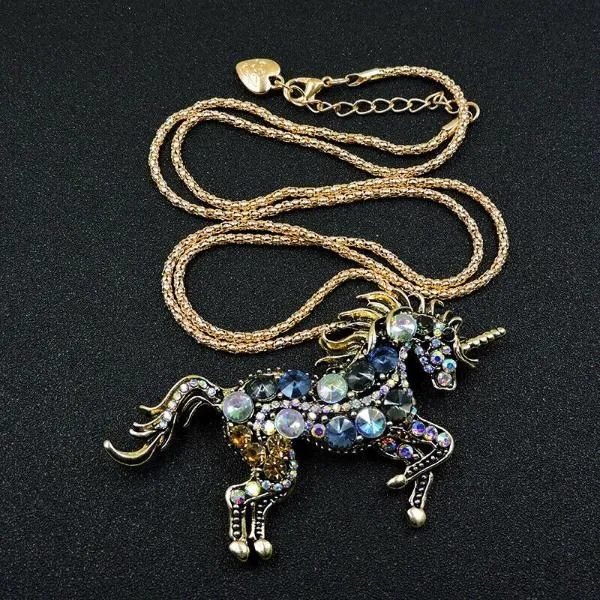 Betsey Johnson Unicorn Horse Stallion Blue Rhinestone Gold Necklace