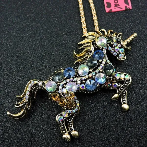 Betsey Johnson Unicorn Horse Stallion Blue Rhinestone Gold Necklace