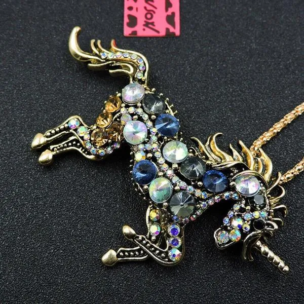 Betsey Johnson Unicorn Horse Stallion Blue Rhinestone Gold Necklace