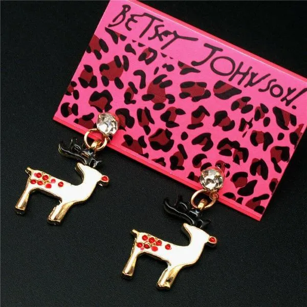 Betsey Johnson White Enamel Deer Red Crystal Earrings