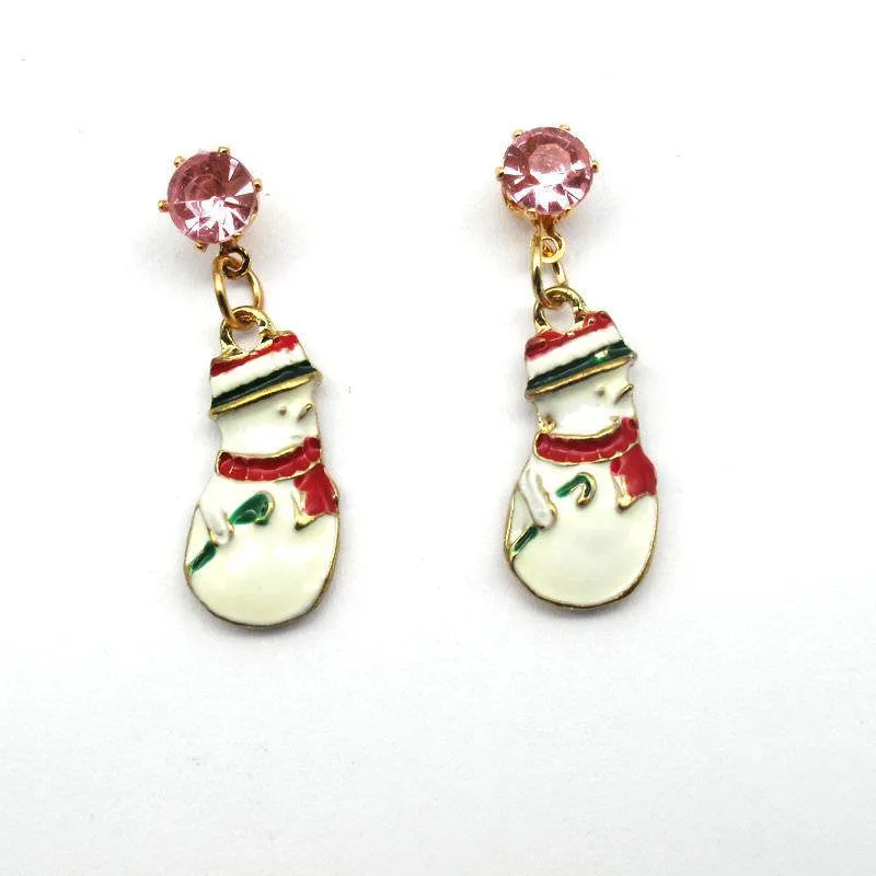 Betsey Johnson White Enamel Snowman Pink Rhinestone Earrings