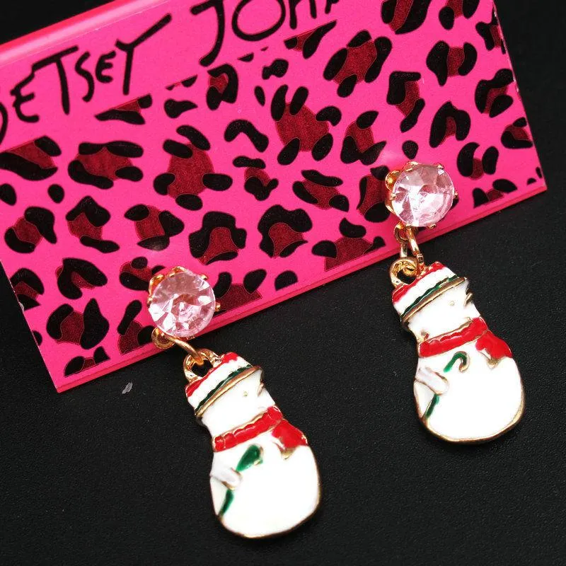 Betsey Johnson White Enamel Snowman Pink Rhinestone Earrings