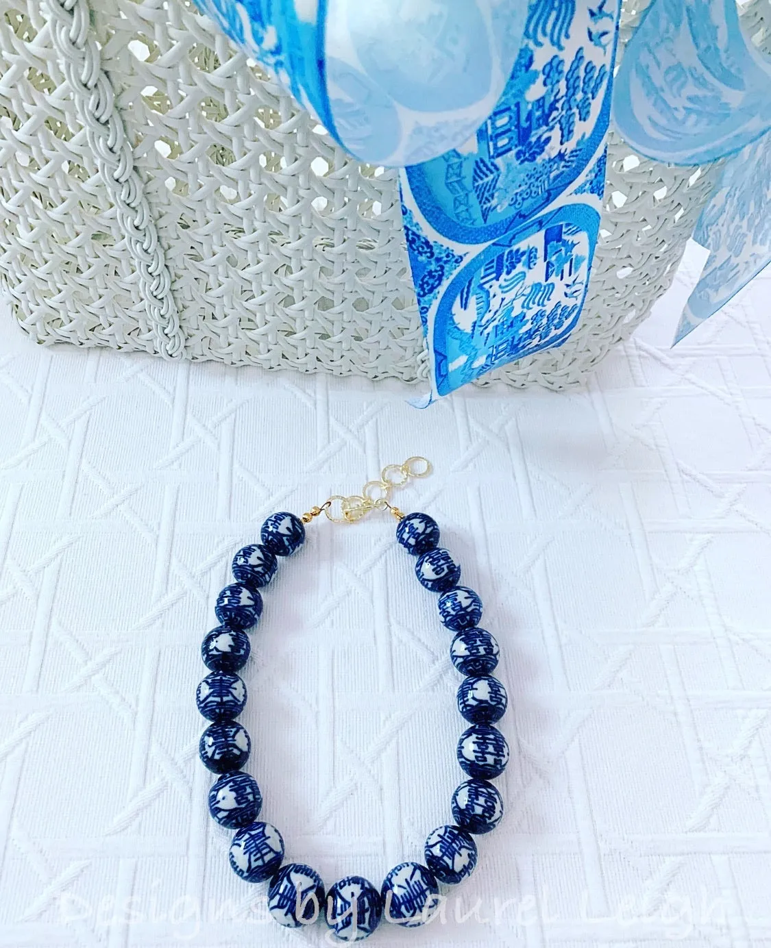 Blue & White Chinoiserie Double Happiness Necklace