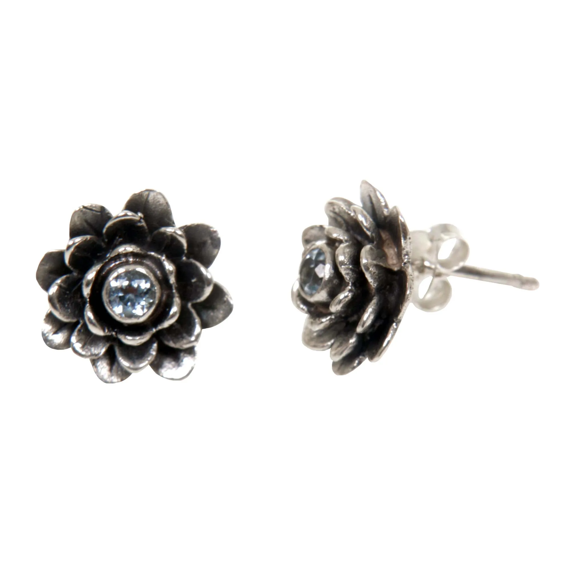 Blue-Eyed Lotus Sterling Silver and Blue Topaz Button Earrings