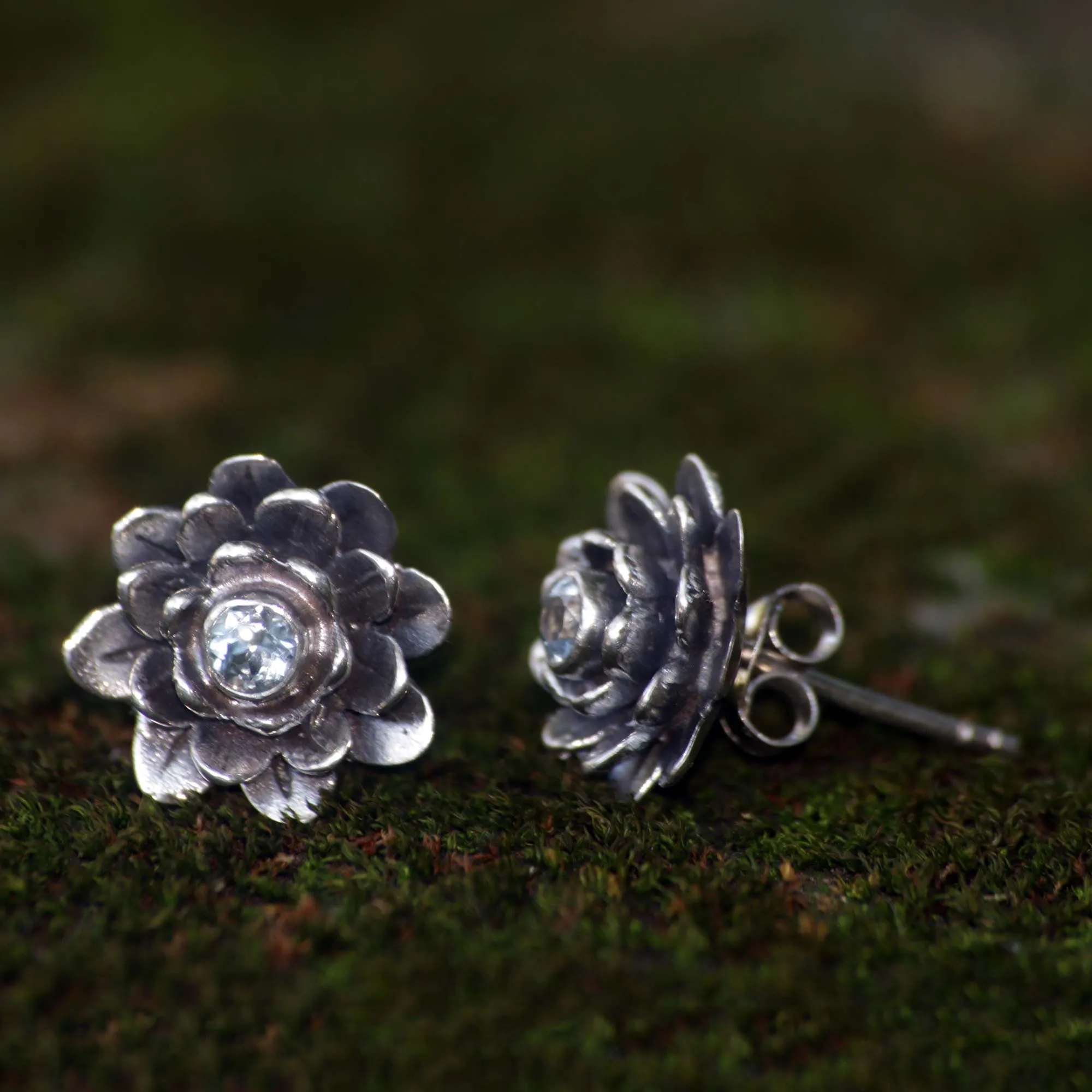 Blue-Eyed Lotus Sterling Silver and Blue Topaz Button Earrings