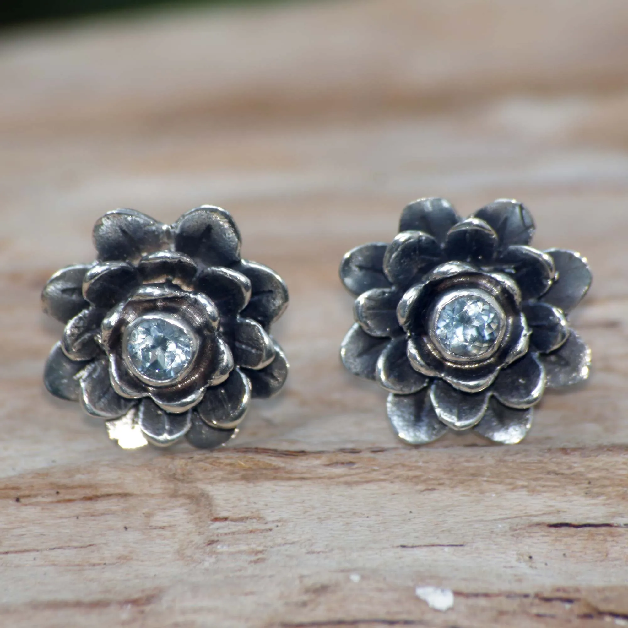 Blue-Eyed Lotus Sterling Silver and Blue Topaz Button Earrings