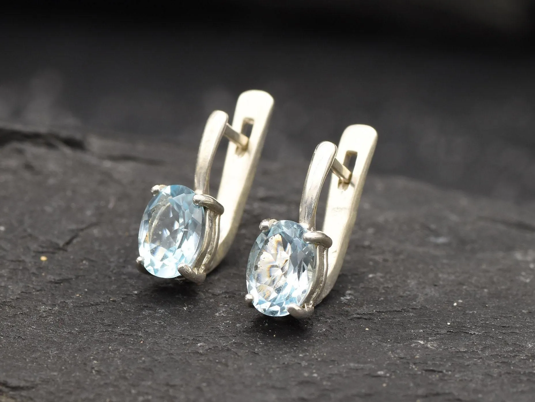 Blue Topaz Earrings - Natural Blue Topaz, Blue Dainty Earrings