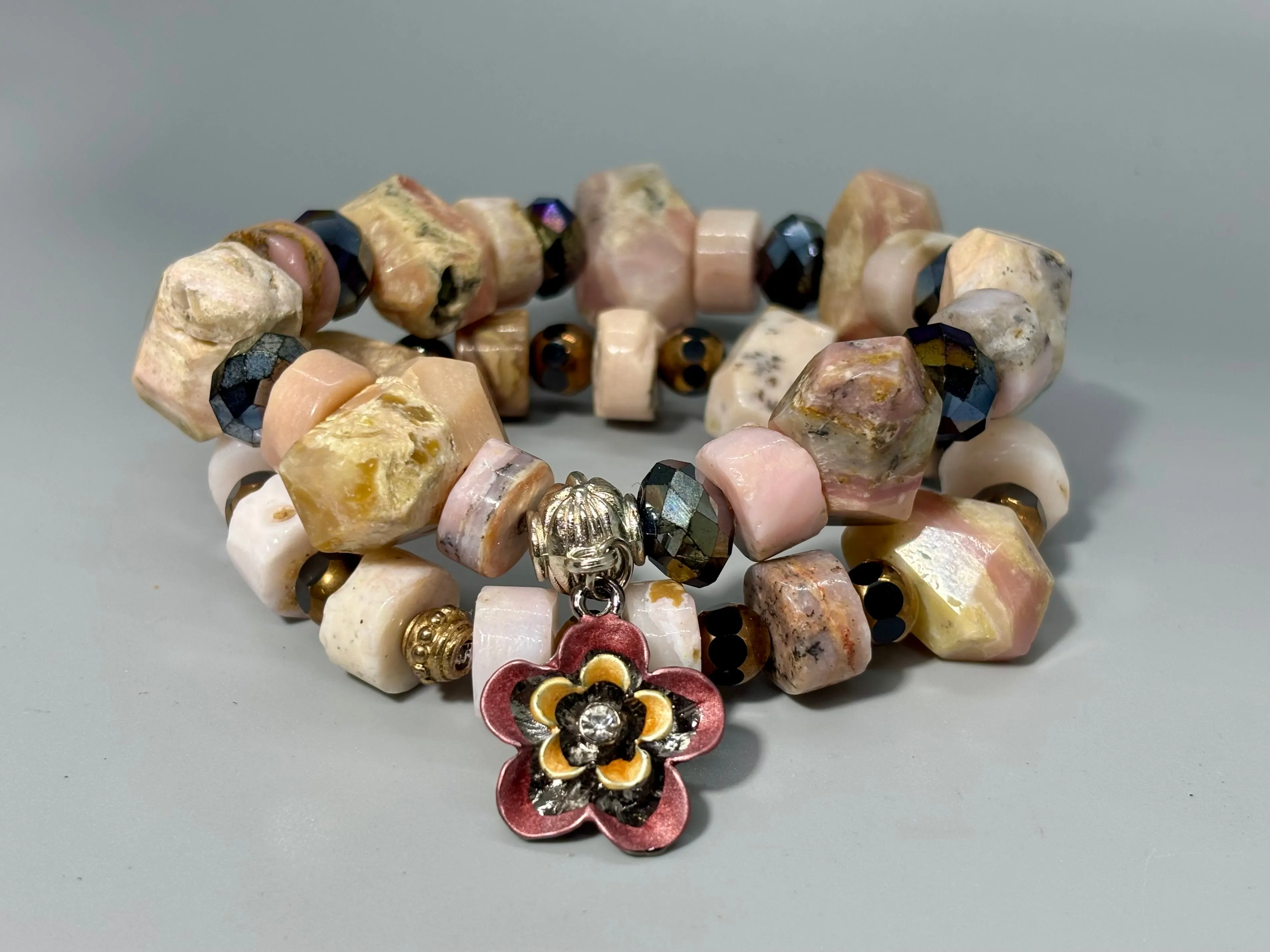 Boho Gemstone Pink Floral Stretch Bracelets Set