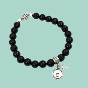 Bracelet for Man Silver Initial Charm & a Cross Charm Onyx Bracelets for Men.