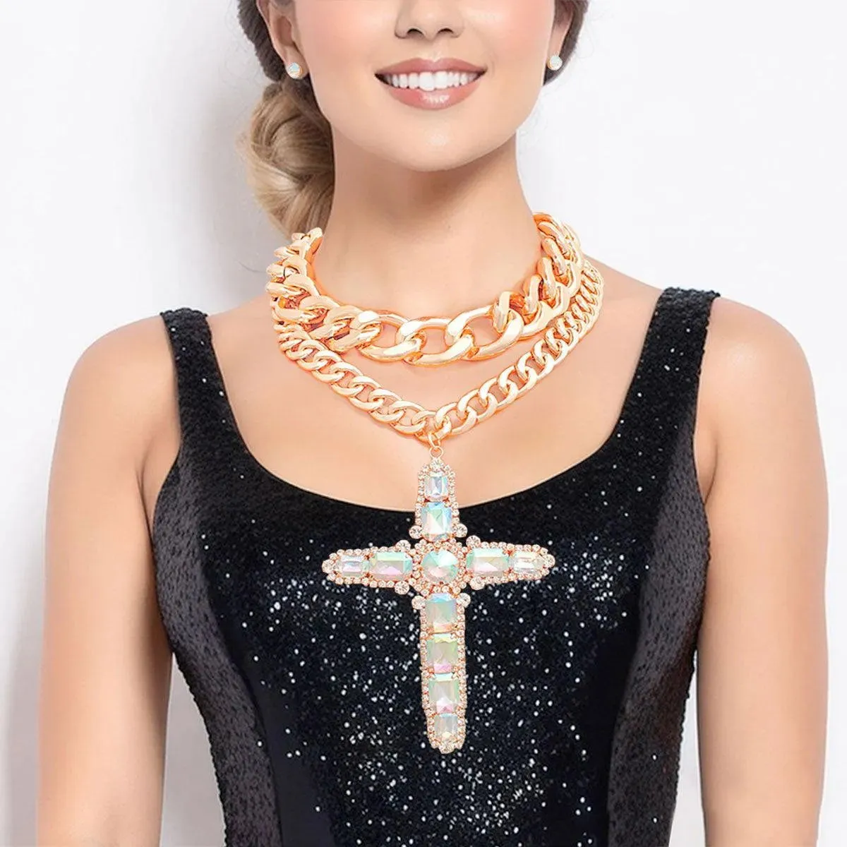 Captivate in Gold Tone Chain Necklace: Aurora Borealis Cross Pendant