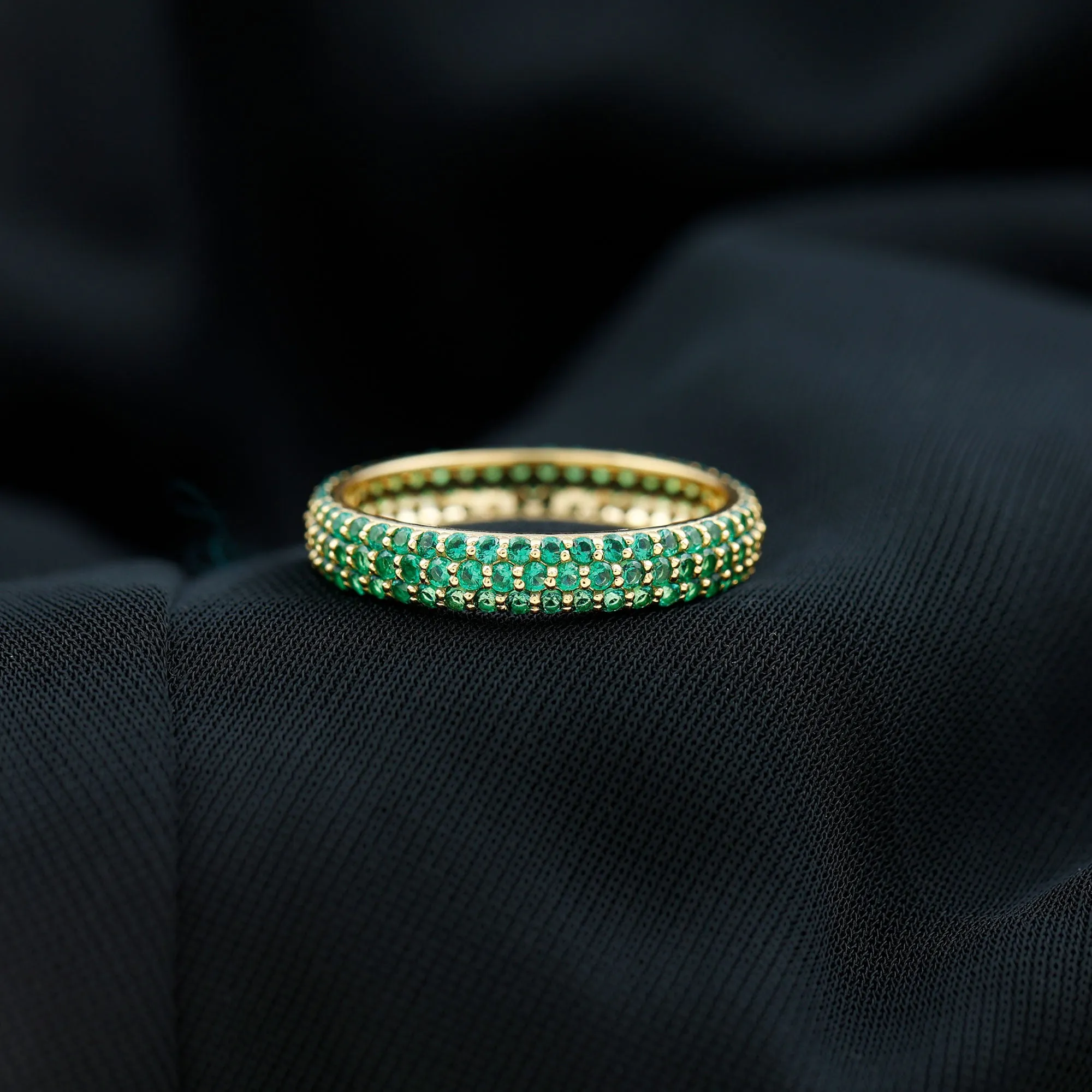 Certified Created Emerald Three Row Eternity Band in Gold