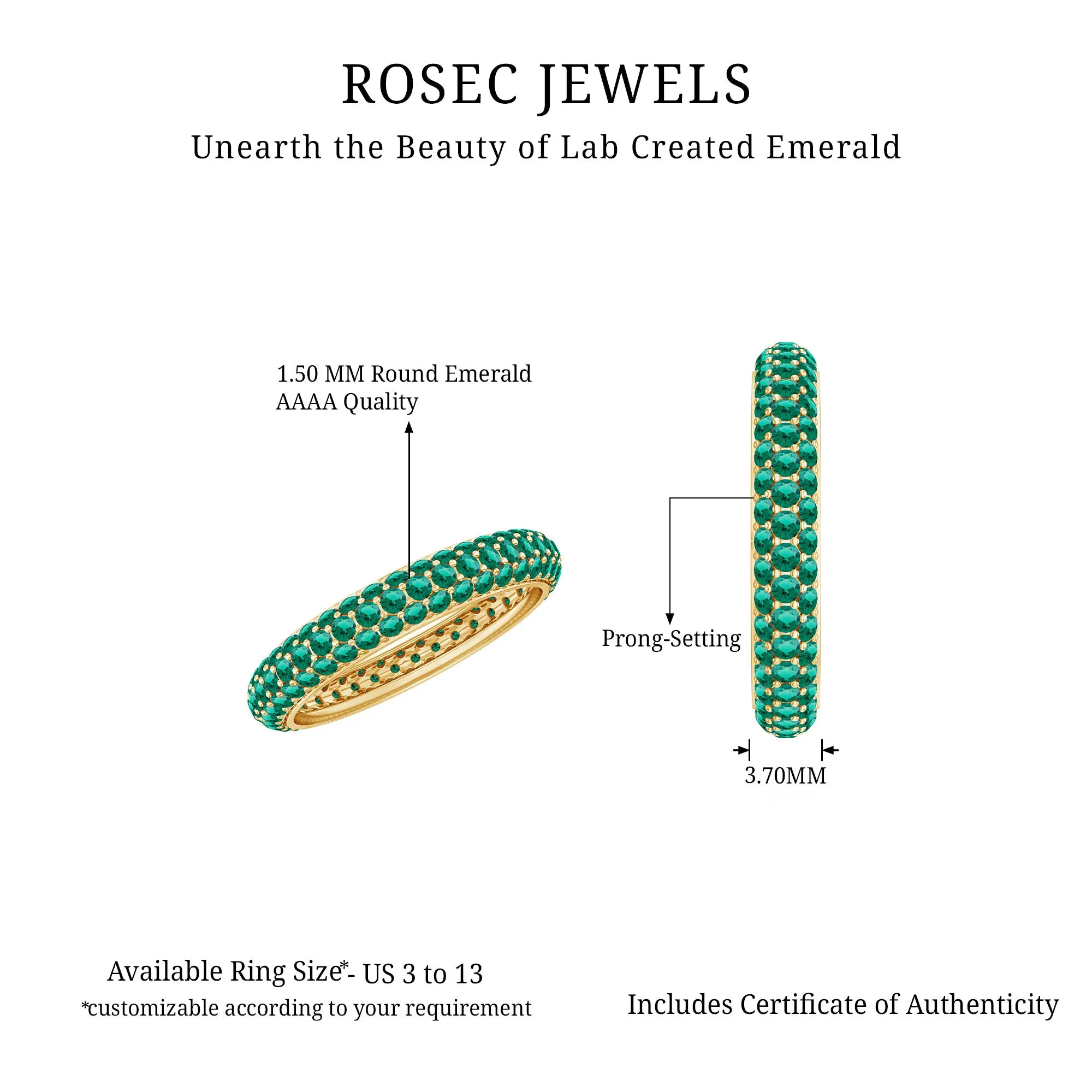 Certified Created Emerald Three Row Eternity Band in Gold