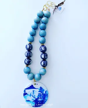 Chinoiserie Canton Watercolor Pendant Statement Necklace - Spa Blue