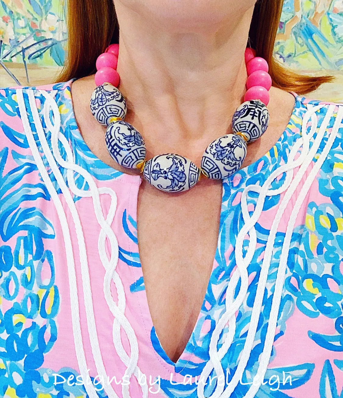 Chinoiserie Statement Necklace - Hot Pink