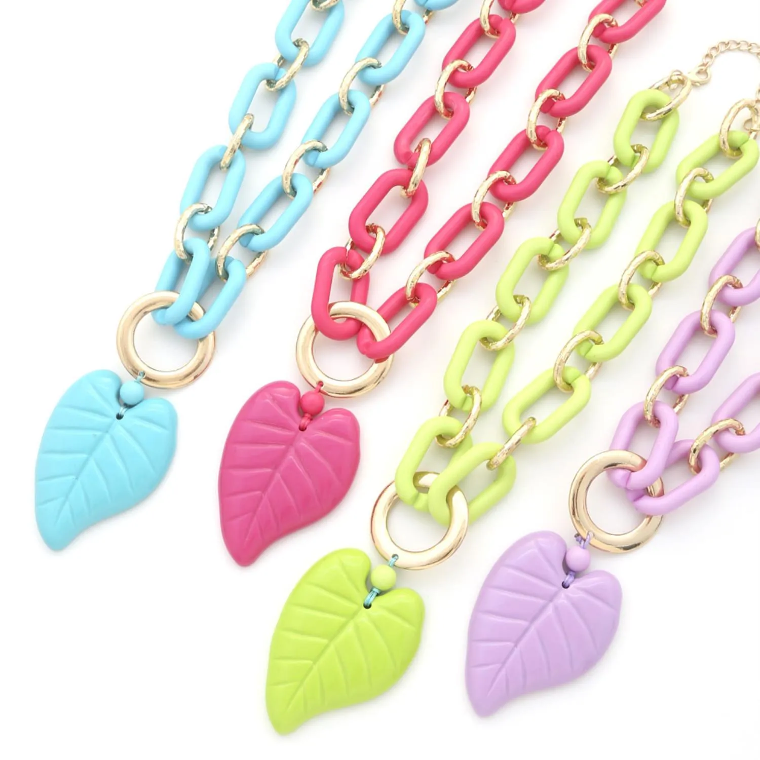 Chunky Color Acrylic Leaf Pendant Necklace