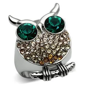 CJG2453 Wholesale Women's Stainless Steel Top Grade Crystal Emerald Green Owl Ring