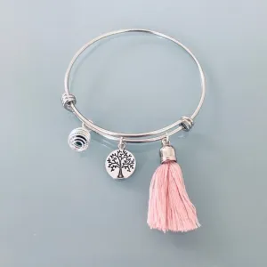 Clover Tree of Life Bangle Bracelet With Pink Pompom and a Scented Pearl | Women's Silver Bracelet | Gift Jewelry | Silver Bangle