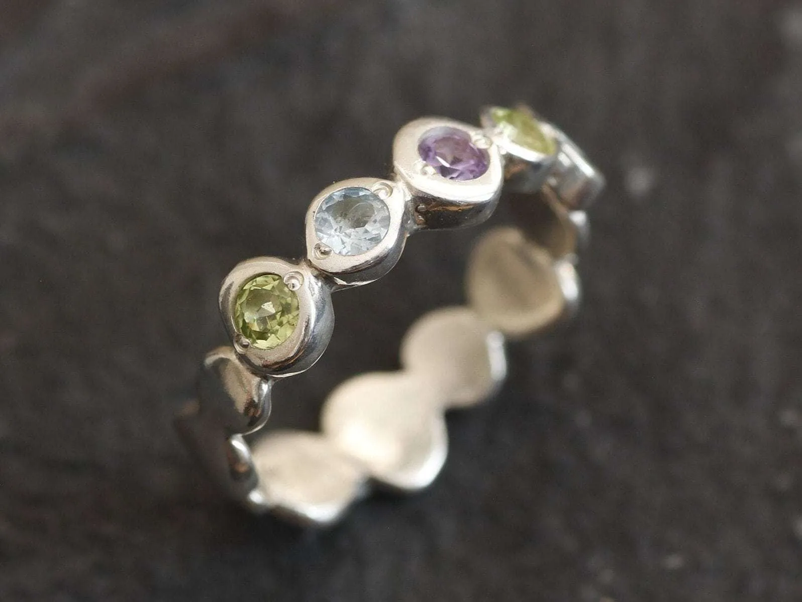 Colorful Bubble Band - Amethyst Peridot Blue Topaz Ring, Multicolor Eternity Ring