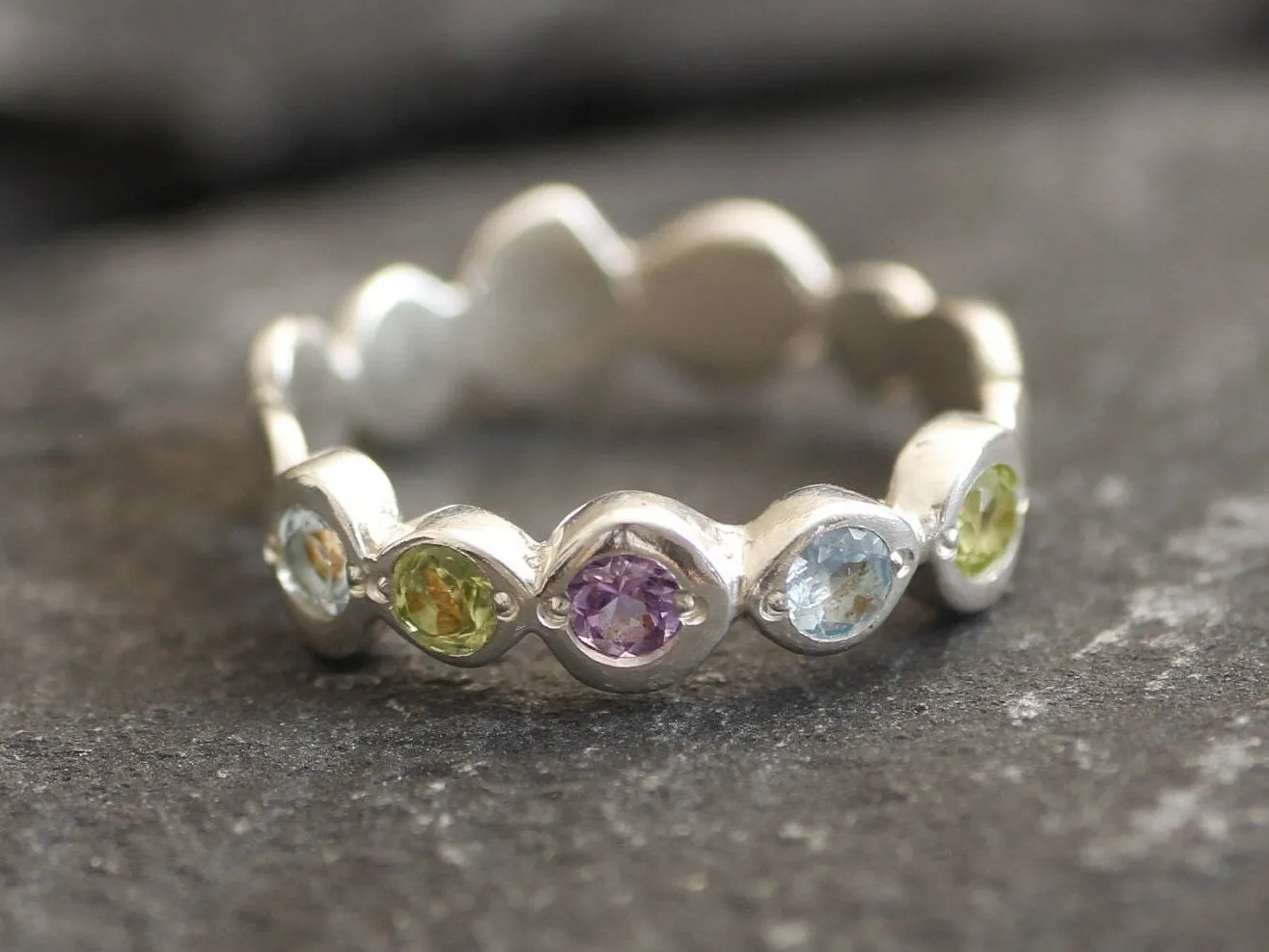 Colorful Bubble Band - Amethyst Peridot Blue Topaz Ring, Multicolor Eternity Ring