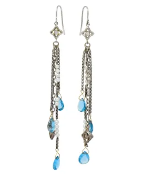 David Yurman Blue Topaz Diamond Pearl Sterling Silver Confetti Tassel Earrings