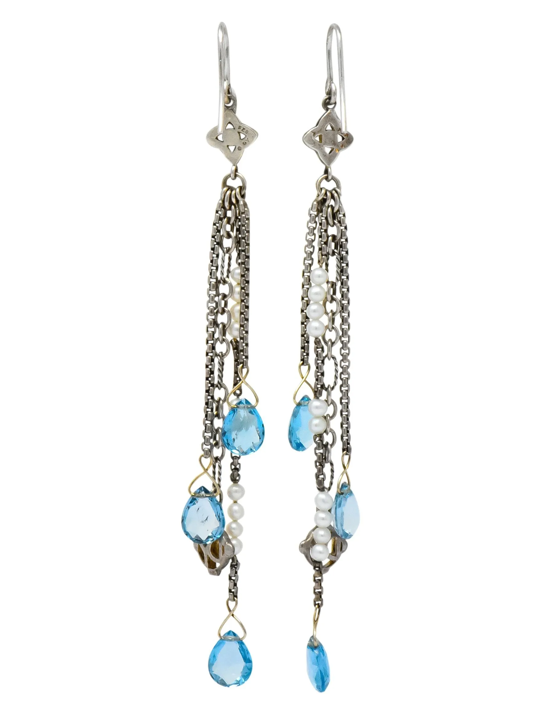 David Yurman Blue Topaz Diamond Pearl Sterling Silver Confetti Tassel Earrings