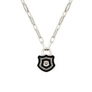 Diamond & Silver Black Enamel Chunky Lock Necklace