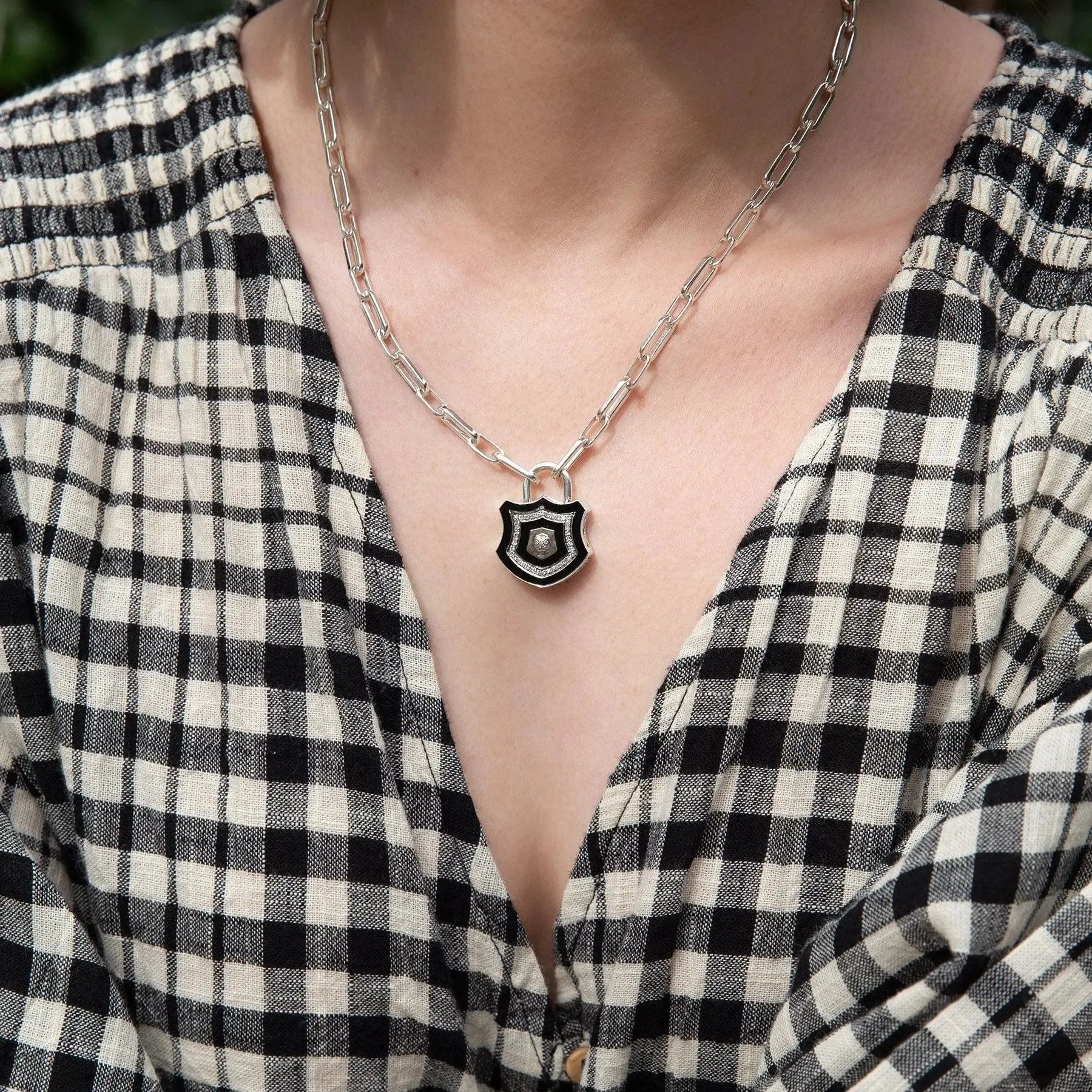 Diamond & Silver Black Enamel Chunky Lock Necklace