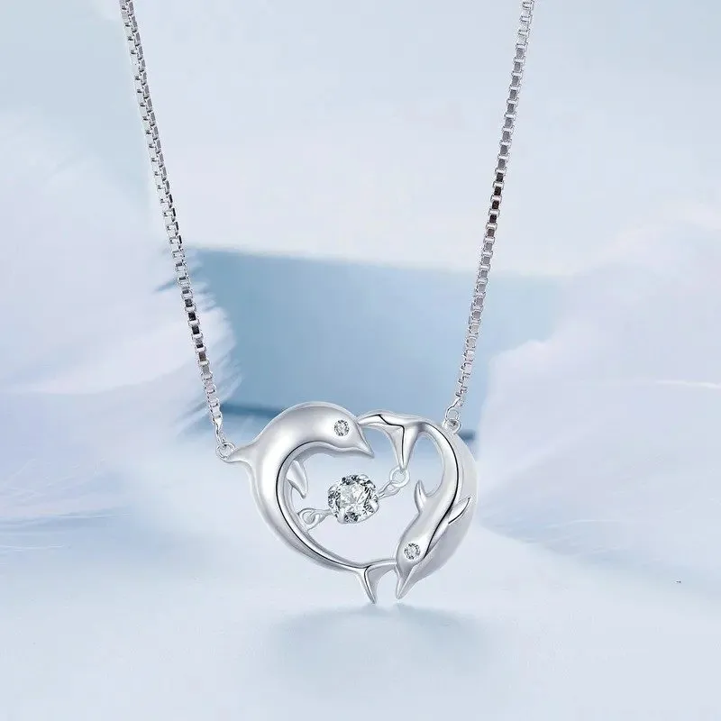 Double Dolphins Necklace Shiny Zircon Love Neck Chain